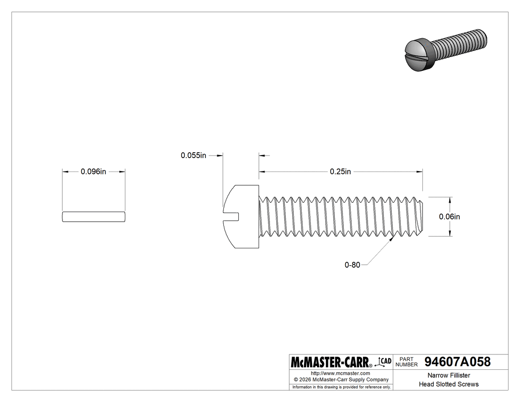 Technical Drawing of Narrow Fillister Head Slotted Screws, Plastic, High-Profile, 0-80 Thread, 1/4" Long.